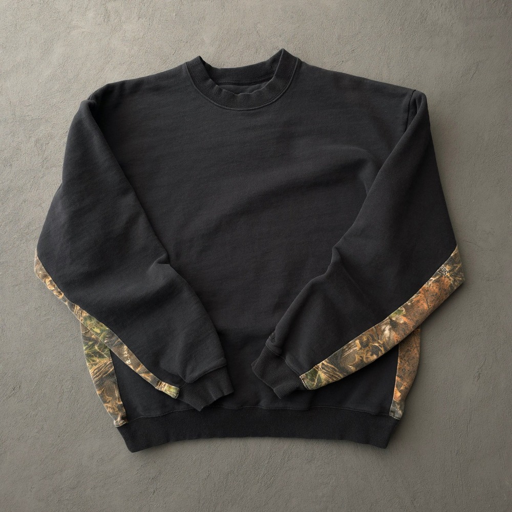 Cabela's Crewneck Sweatshirt Size L Black Real Tree Camo Trim Antlers